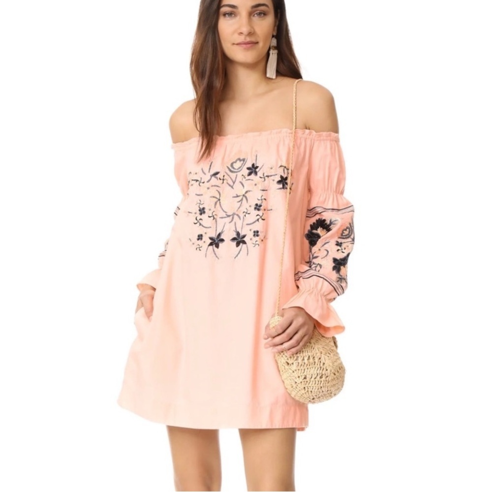 Free People Mini Dress Fleur Du Jour Cotton Shift XS Peach Off Shoulder Boho